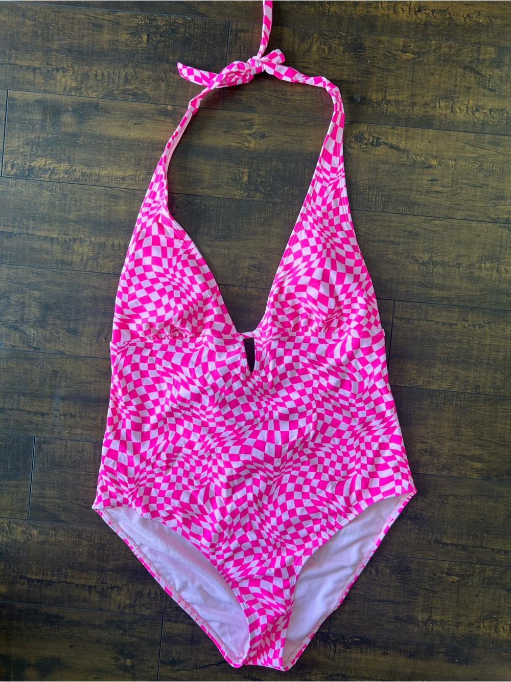 No Boundaries Pink Checkered Halter One-Piece Swimsuit